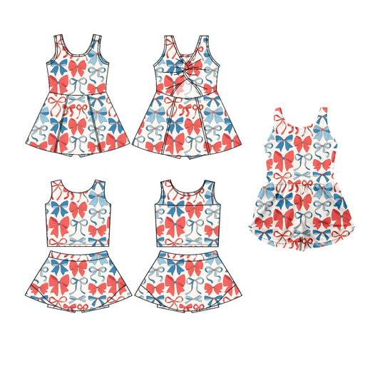 3.19 custom each style moq 5eta 4-6week Sibling Sister bow baby girls clothes Short sleeve yoga dress 1 and dress 2 and jumpsuit match family design