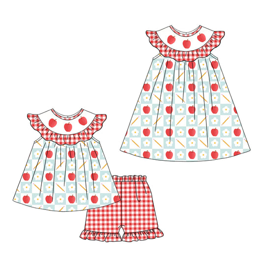3.2 Custom moq 5 mix size Sibling Baby Girl's Back To School Sleeveless Top And Red  plaid Shorts Set Cute Dress for Summer