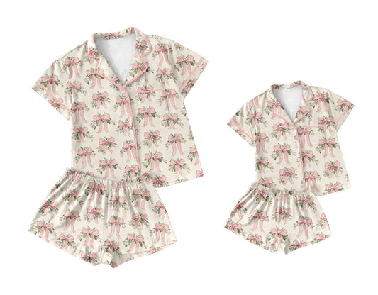 25.10.18 custom each style moq 5 eta 6-8week Sibling Sister bow floral short sleeve shorts sets and adult set match design