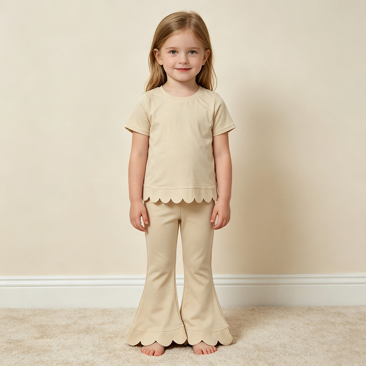 NEW RTS NO MOQ cotton GSPO2340（GT1770+P1078）Baby Girls White Short Sleeve Shirts Top Flare Pant Scallop