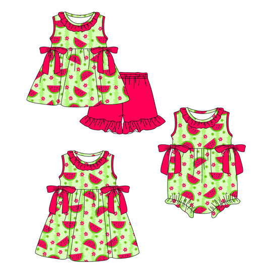 Custom moq 5 mix size Sibling Baby Girl's red Short-Sleeved Top And Shorts Set Cute Romper Dress for Spring Summer