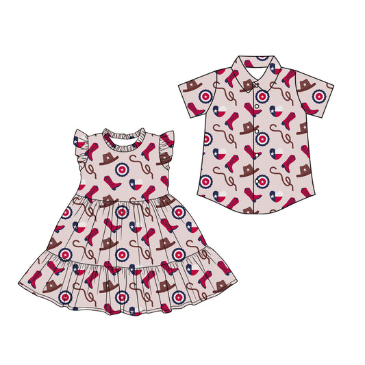 Custom moq 5 mix size Sibling Baby Boys Printed Short-Sleeved Button-Down Shirt And Baby Girls Dress