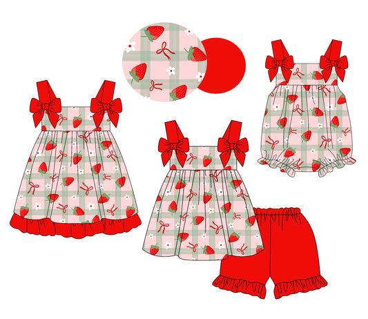 4.3 custom each style moq 5eta 4-6week Sibling Sisters strawberry bow floral red baby girl short sleeve shorts sets and dress and rompers match family design