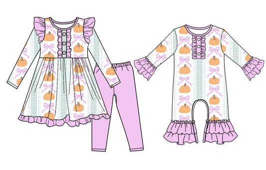 25.7.1 custom each style moq 5eta 4-6week Sibling Sisters pumpkin bow purple baby girl long sleeve pants sets and rompers match family design