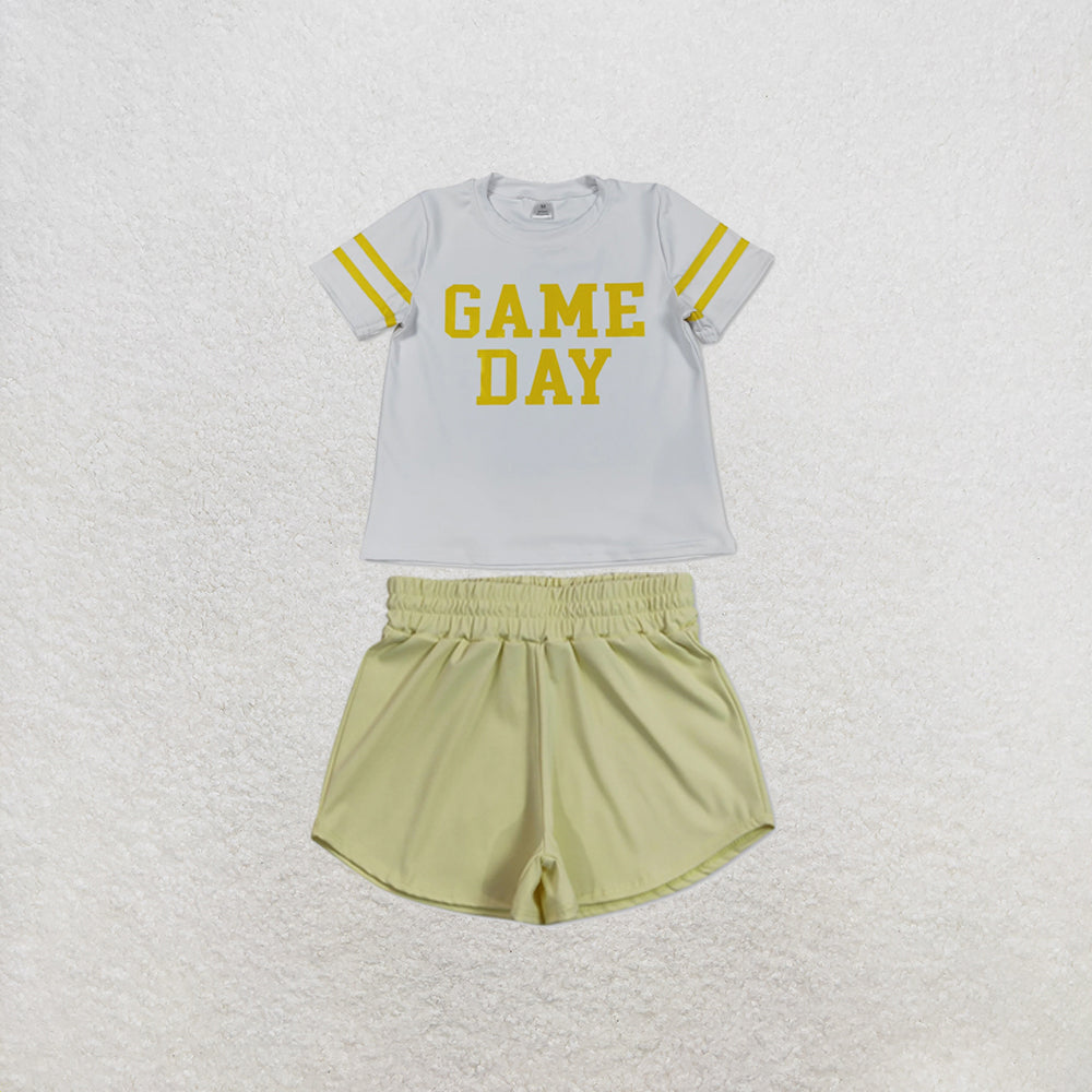 RTS NO MOQ Sibling yoga fabric Baby Girls Yellow Vinyl Game Day Print Top Shorts Two Piece Team Active Clothes Set