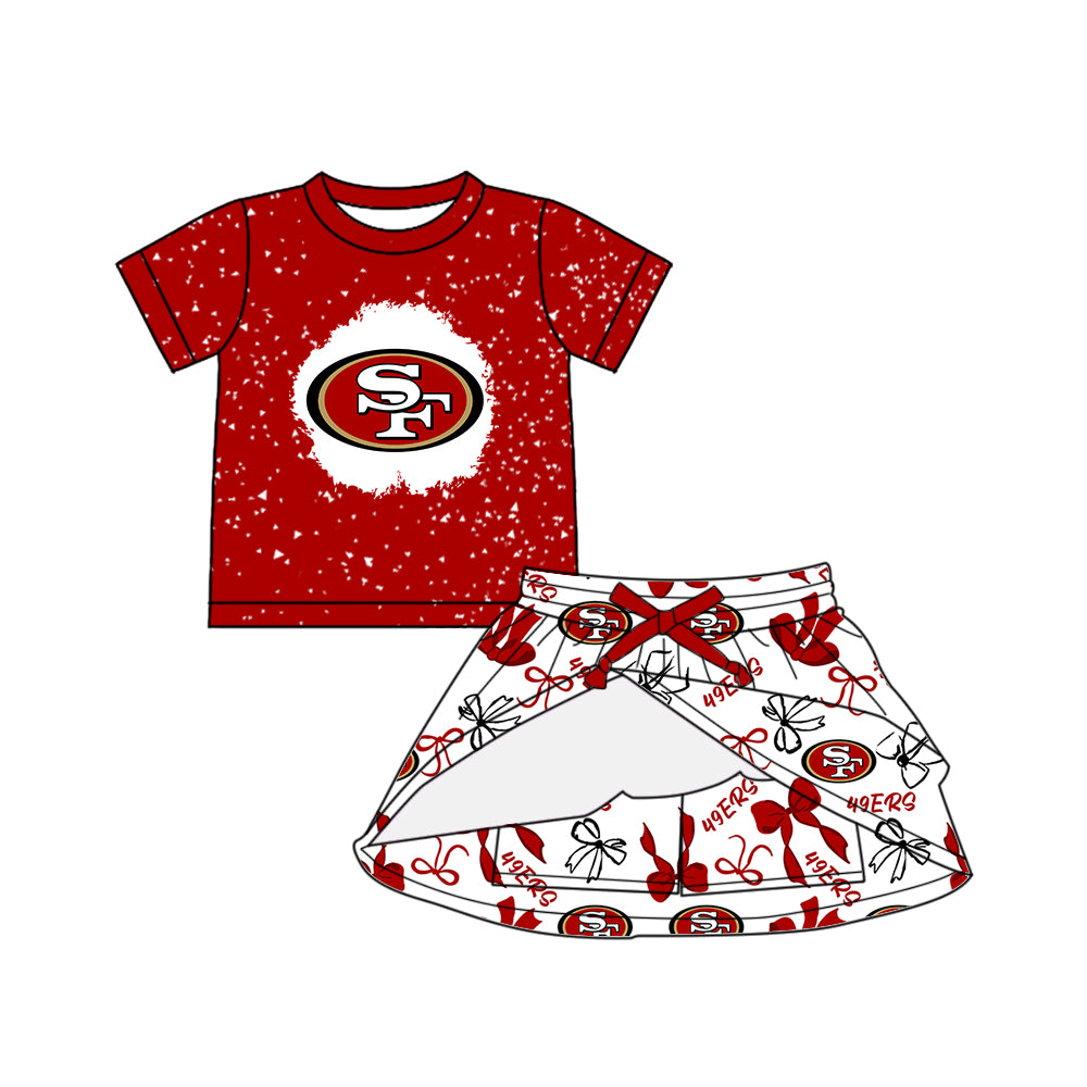 Custom moq 5 mix sizes summer teams baby girls clothes team red short sleeve skirts shorts sets 1 and skirts sets 2 and dress 1 and dress 2 and dress 3 and dress 4-25.6.5