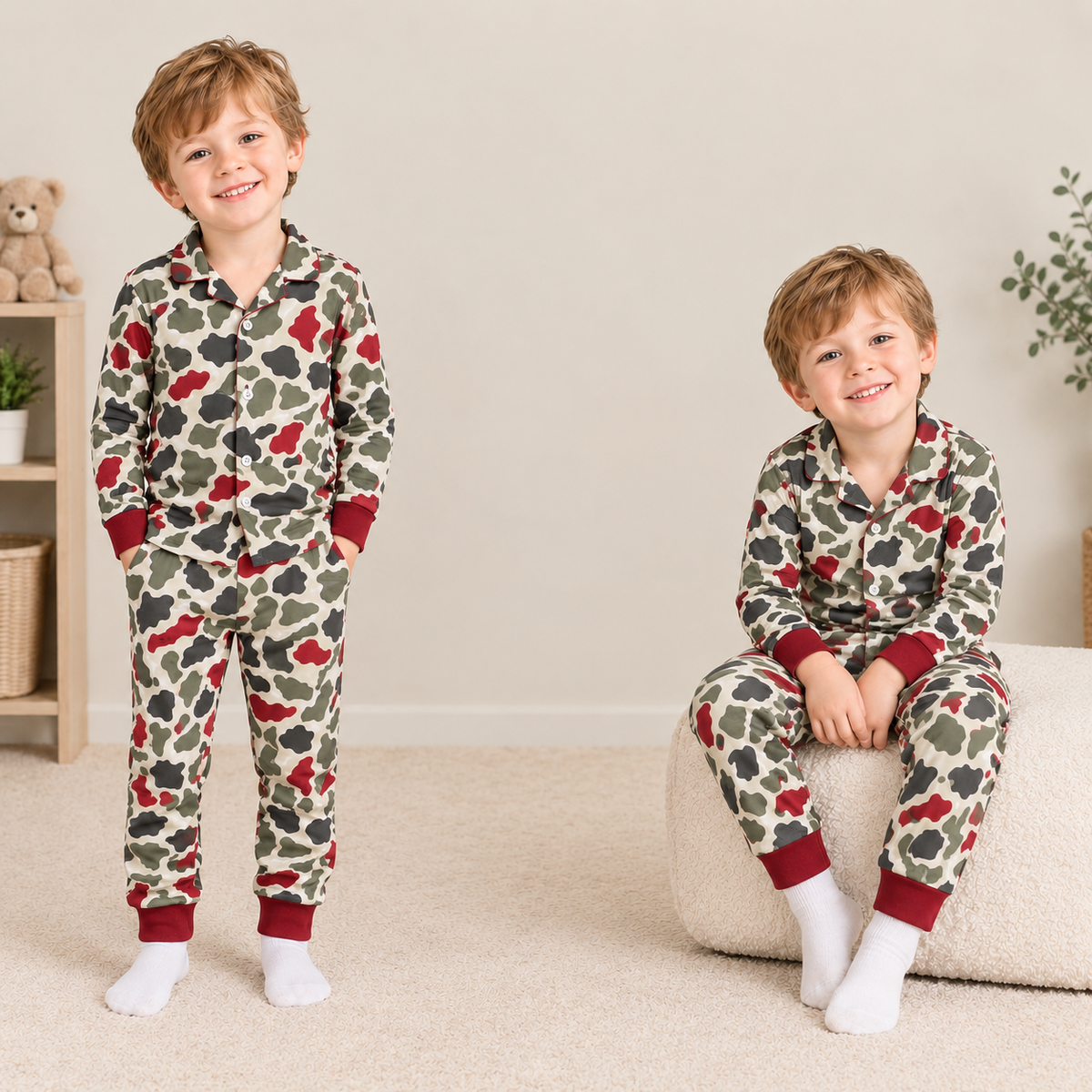 RTS NO MOQ Sibling milk silk Baby Boys Christmas Camo Print Button Down Shirt Long Sleeve Pant Pajama Set