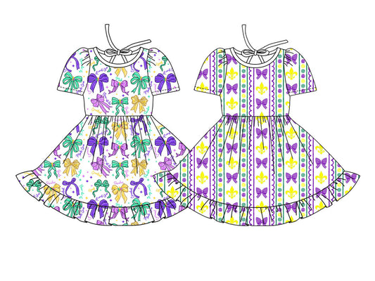 25.10.3 custom each style moq 8 eta 6-8week Sibling Sisters mardi gras bow baby girl short sleeve dress 4 match family design