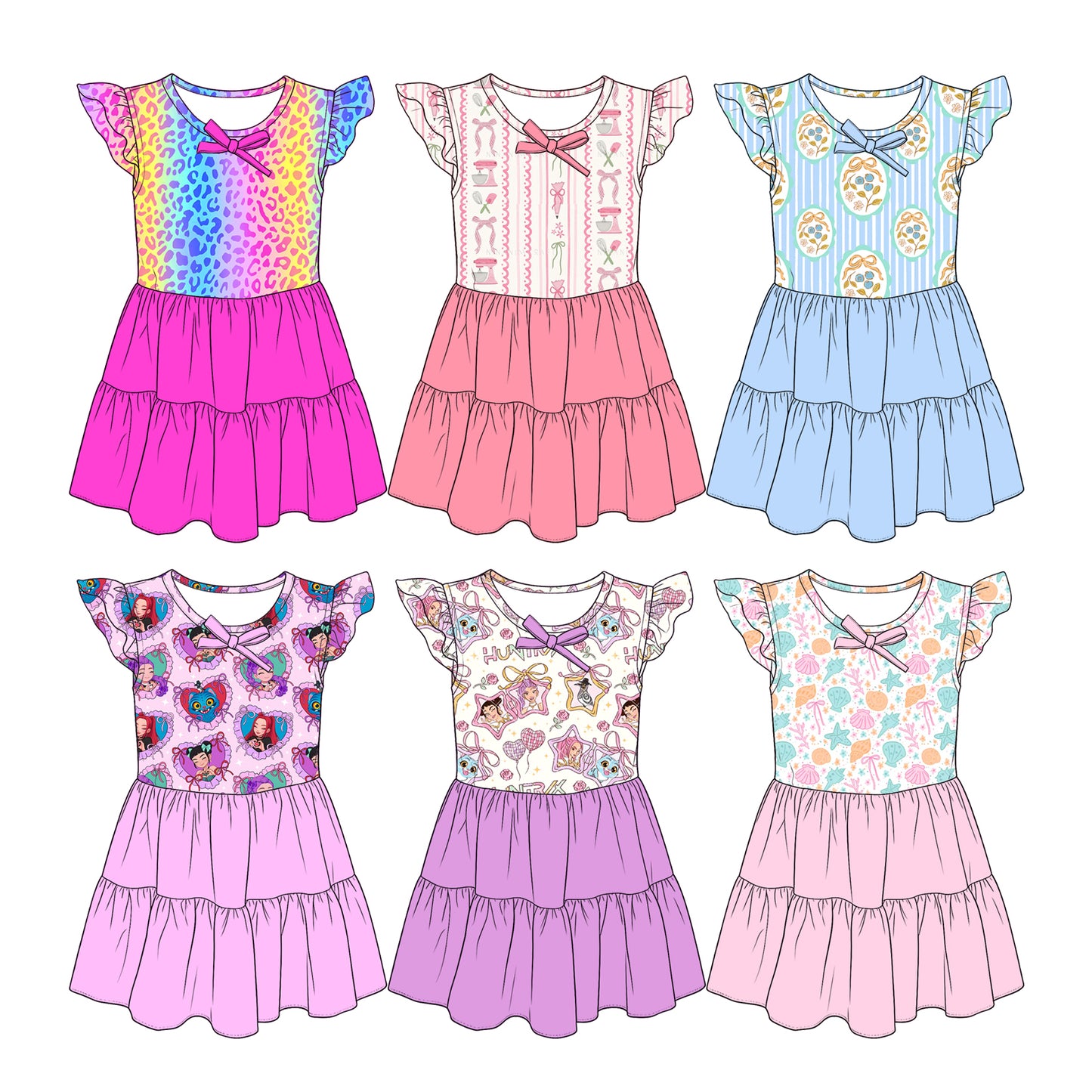 4.10 Custom moq 5 mix size Sibling Baby Girl's Flowers Flutter Sleeve Knee Length Dresses