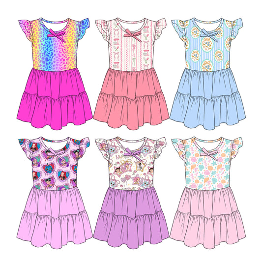 4.10 Custom moq 5 mix size Sibling Baby Girl's Flowers Flutter Sleeve Knee Length Dresses