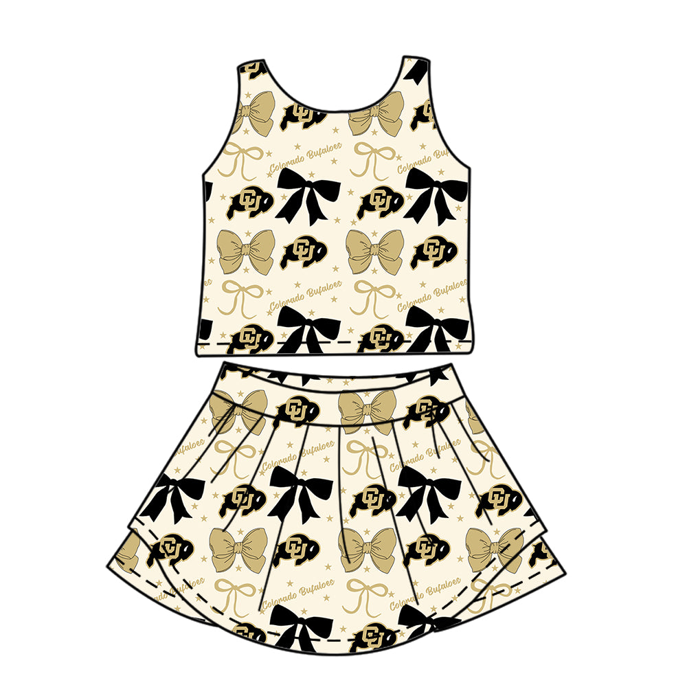 Custom moq 5 mix size milk silk summer teams baby girls clothes team bow khaki sleeveless skirts sets and dress 1 and dress 2 and dress 3-25.6.24