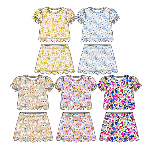 3.17 Custom moq 5 mix size Sibling Baby Girls Colorful Floral Top Scallop Skirt Short Clothes Set