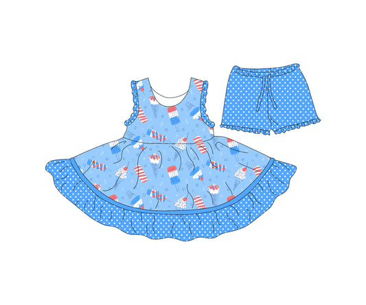 4.15 custom each style moq 5eta 4-6week Sibling Sister 4th of july blue baby girls clothes Short sleeve dress and shorts match family design