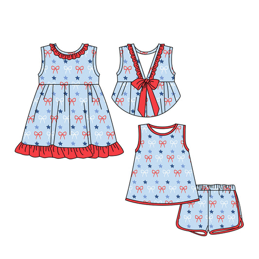 3.24 custom each style moq 5eta 4-6week Sibling Sister bow stars baby girl short sleeve shorts sets and dresses match design