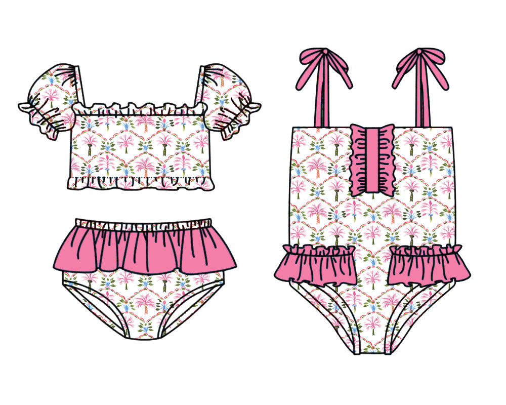 3.31 Custom moq 5 mix size Sibling Baby Girls Pink Top With Bow Bummies Two-Piece Set Infant Swimwear