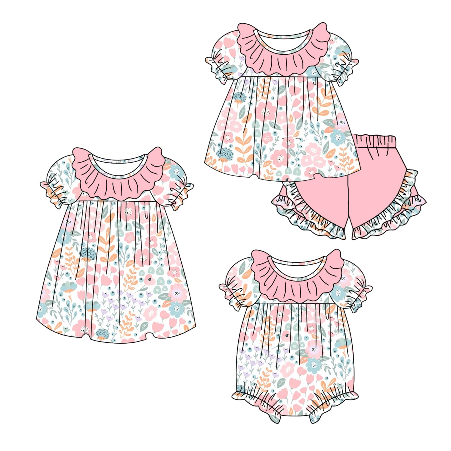 11.6 custom each style moq 5eta 4-6week Sibling Sister floral baby girl short sleeve shorts sets and dress and rompers match family design
