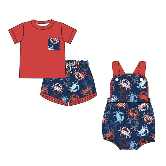 3.10 Custom moq 5 mix size Sibling Baby Boys Romper Short-Sleeved Red  Top And Shorts Set for Infants