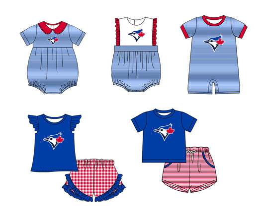 Custom moq 5 mix size milk silk summer teams Baby Boys And Girls Blue Short-Sleeved Shirt And Shorts Set Matching Striped Rompers Outfit Set