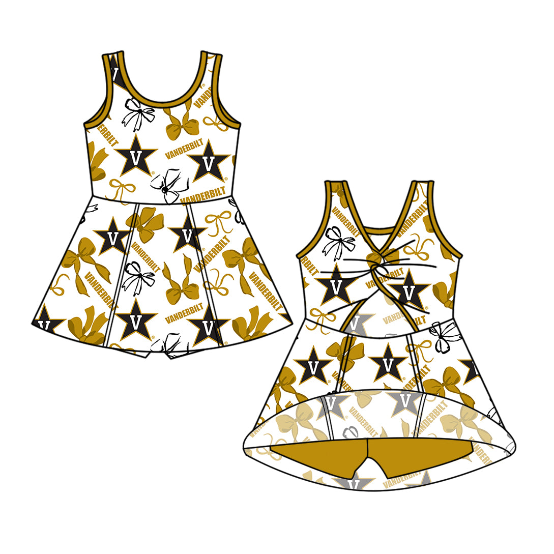 Custom moq 5 mix size milk silk summer teams Baby Girls Yellow Bow Vest Top Skirt Shorts Sets Sleeveless Yoga Knee Length Dresses Yoga Shorts