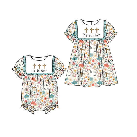 25.12.26 custom each style moq 5 eta 6-8week Sibling Sister easter floral baby short sleeve romper and dress match design