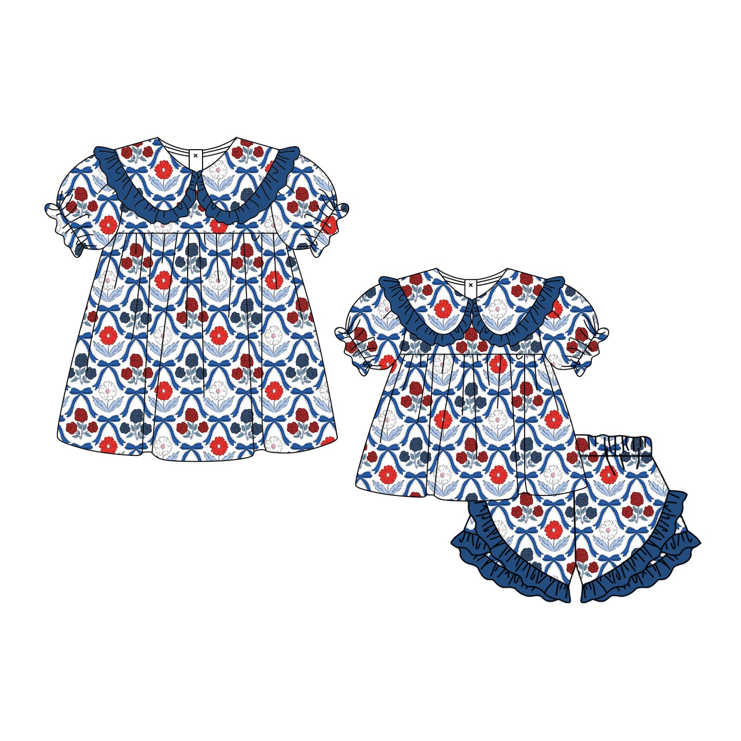 3.3 Custom moq 5 mix size Sibling Baby Girl's Navy Blue Short-Sleeved Top And Shorts Set Cute Dress for Summer