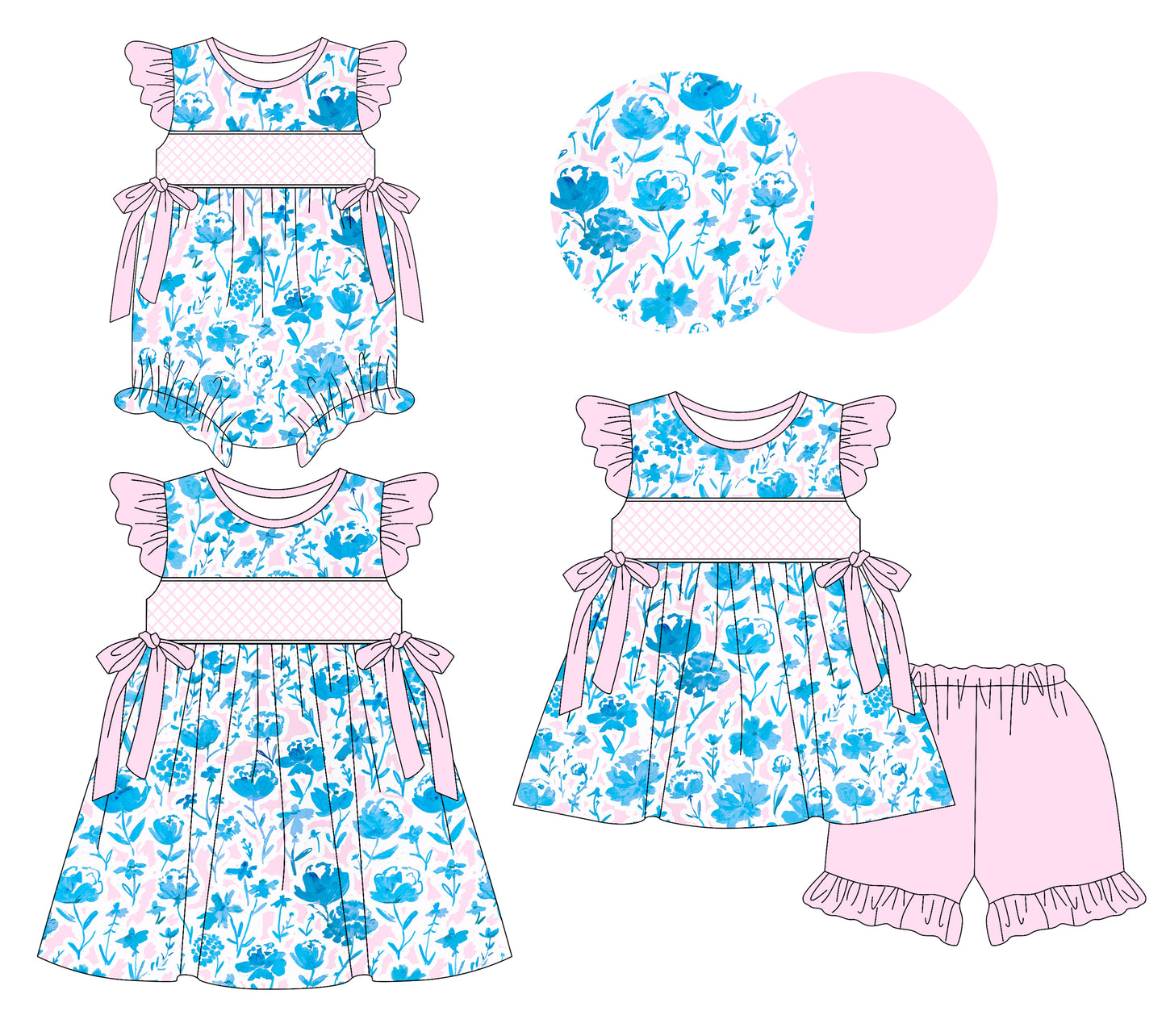 3.7 custom each style moq 5eta 4-6week Sibling Sisters floral baby girl short sleeve shorts sets and dress and rompers match family design