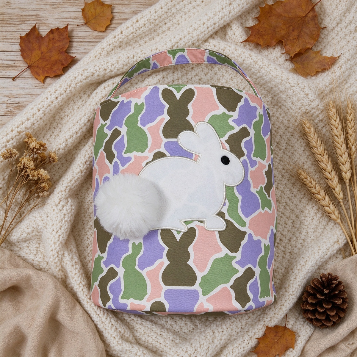 NEW RTS NO MOQ Bag BA0467 Embroidery Rabbits Baby Kids Pink Green Camo Easter Gift Bucket Baskets Bags