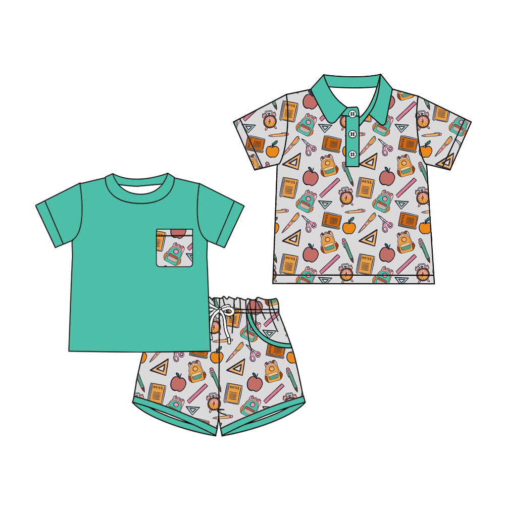 Custom moq 5 mix size Sibling Green Short-Sleeved Back to School Baby Boy Outfit Set Polo Shirt And Shorts Ensemble for Little Ones