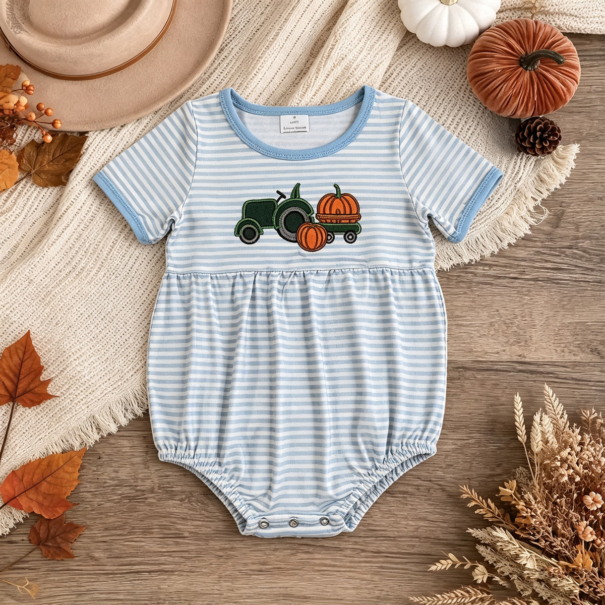 NEW RTS NO MOQ milk silk SR4286 Embroidery Baby Boys Blue Stripe Pumpkin Truck Print Short Sleeve Casual Fall Romper