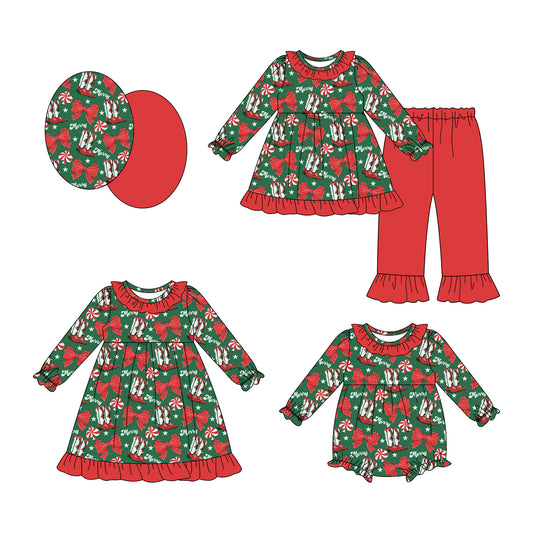 25.7.17 custom each style moq 5eta 4-6week Sibling Sisters Christmas boot bow baby girl long sleeve pants sets and dress and rompers match family design