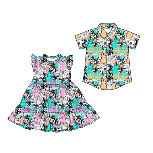 26.1.17 custom each style moq 5 eta 6-8week Sibling Sister bunny baby button short sleeve top and dress match design