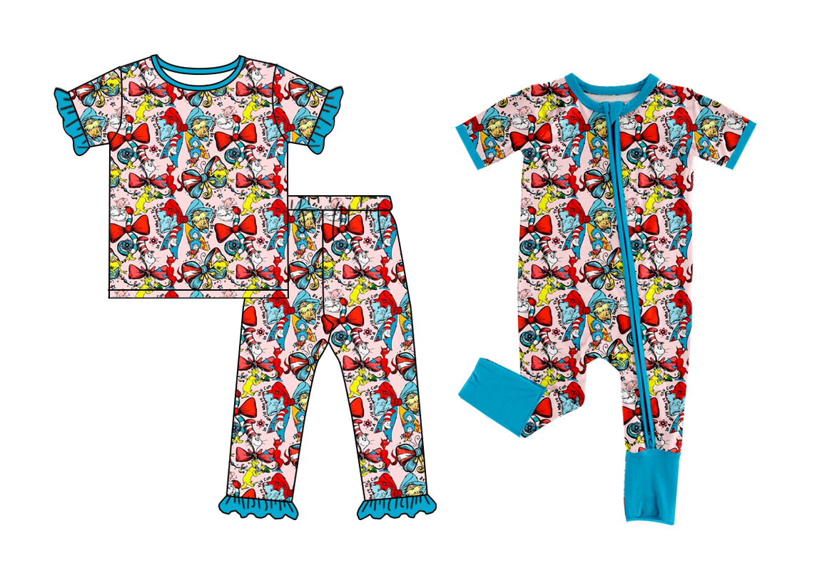 25.12.29 custom each style moq 5 eta 6-8week Sibling Sisters dr seuss bow baby girl clothes short sleeve pants sets and romper match family design