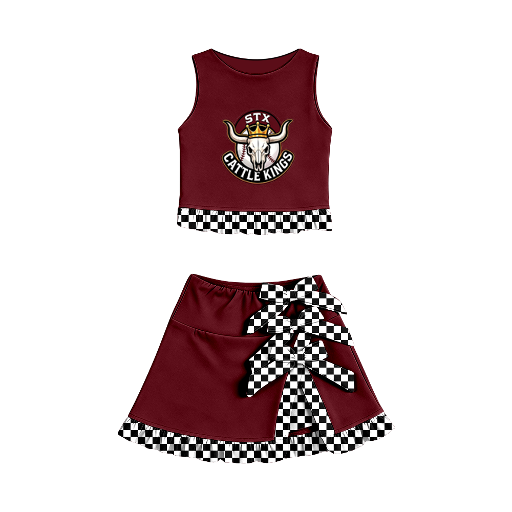 custom moq 5 mix size MSD070804 Baby Girls Summer Vest Checked Bow Scallop Edge Skort Yoga Active Casual  Clothes Set