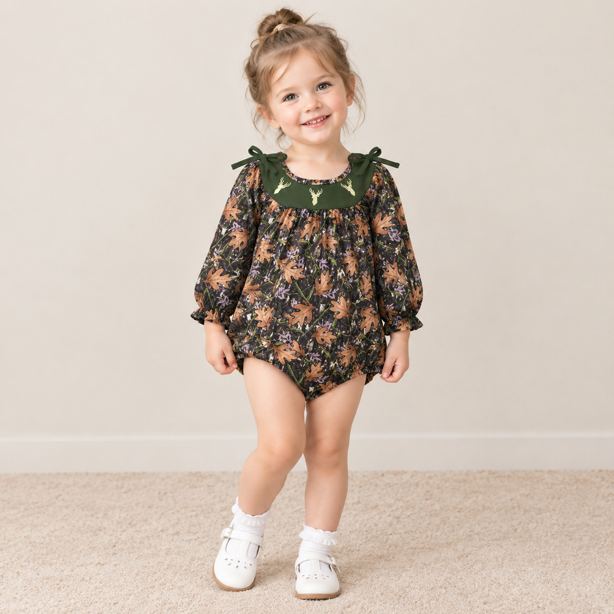 NEW RTS NO MOQ milk silk LR2728 Embroidery Baby Girls Green Leaf Camo Cute Long Sleeve Rompers