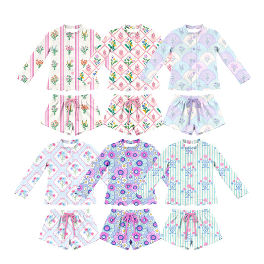 3.4 Custom moq 5 mix size Sibling Baby Girls floral Long-Sleeved Button-Down Top And Shorts Set Cute Outfit for Little Ones