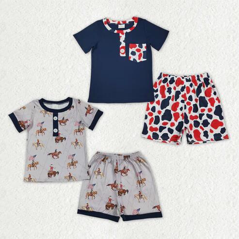 RTS NO MOQ Sibling Baby Boys 4th of July Pajamas Set Flags Horses Cow Print Button Shirts Top And Shorts Outfit