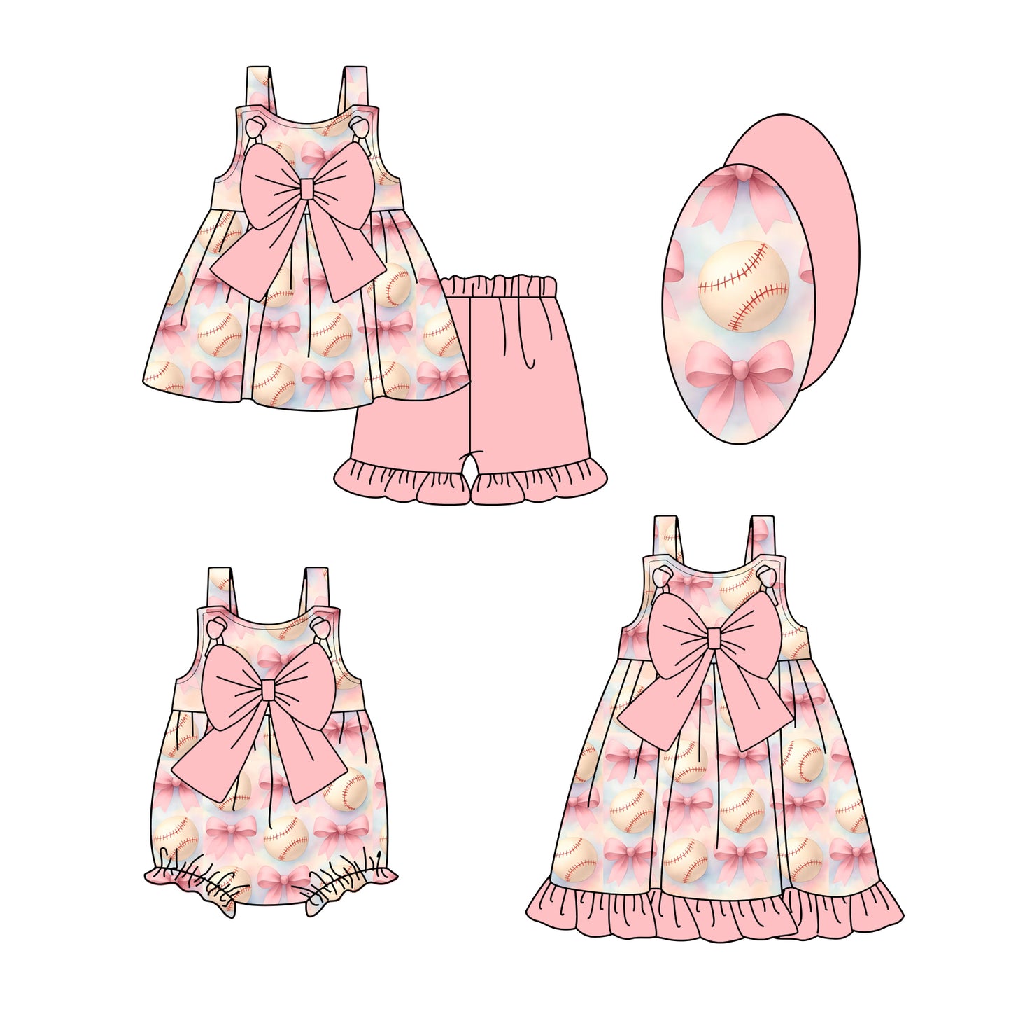 25.12.5 custom each style moq 5 eta 6-8week Sibling Sister baseball bow baby short sleeve shorts sets and romper and dress match design