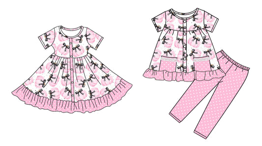4.25 custom each style moq 5eta 4-6week Sibling Sisters pumpkin bow baby girl short sleeve pants sets and dress match family design