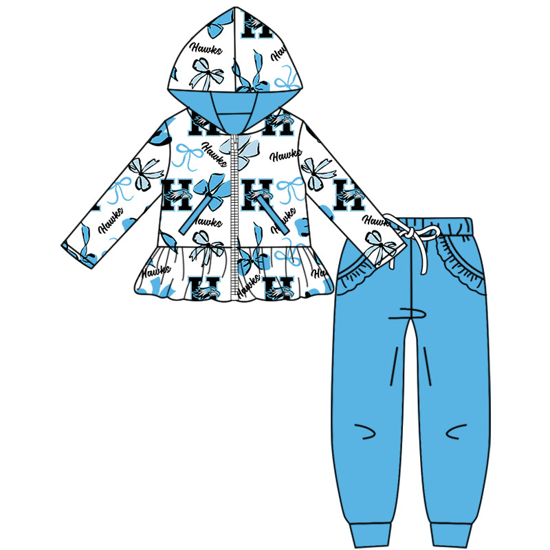 Custom moq 5 mix size milk silk summer teams baby girls clothes bow blue hooded long sleeve pants sets and dress and top and hooded top and pant-25.8.13