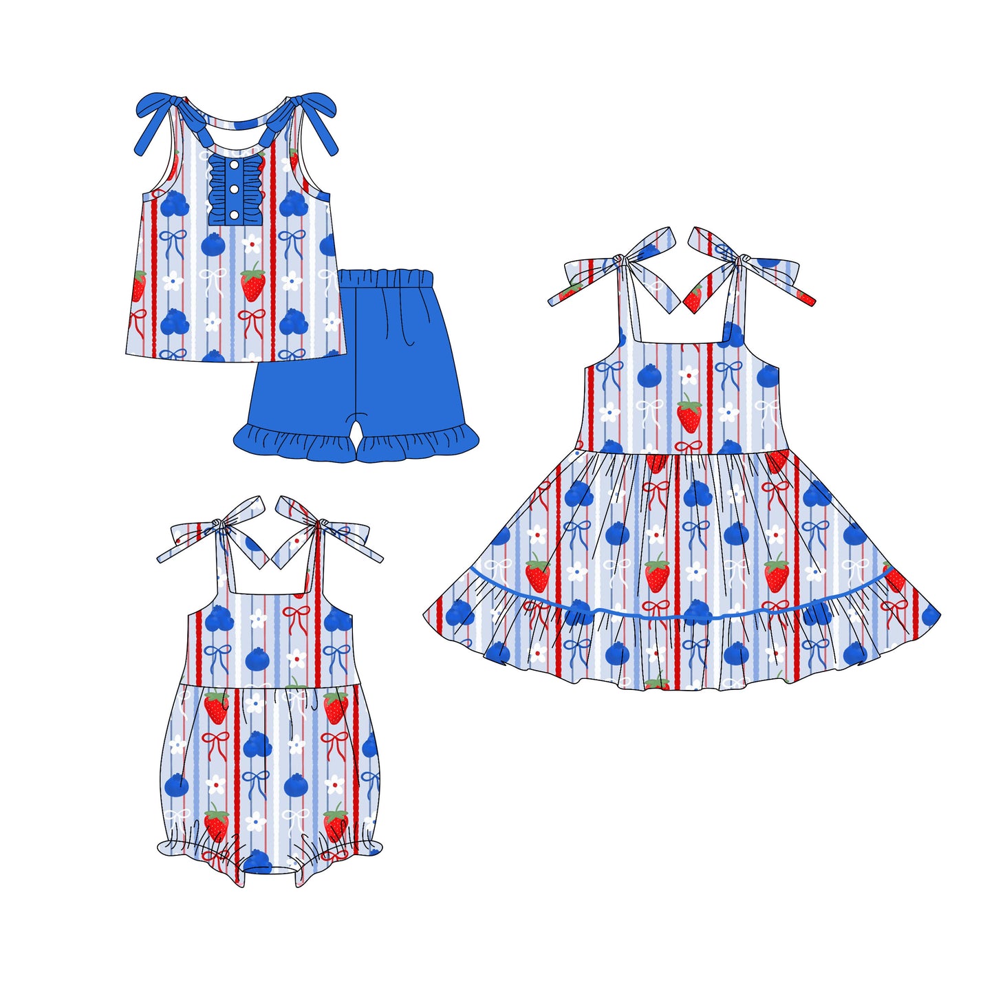 4.16 custom each style moq 5eta 4-6week Sibling Sisters strawberry bow baby girl short sleeve shorts sets and dress and rompers match family design
