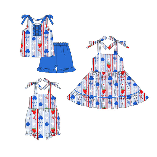 4.16 custom each style moq 5eta 4-6week Sibling Sisters strawberry bow baby girl short sleeve shorts sets and dress and rompers match family design