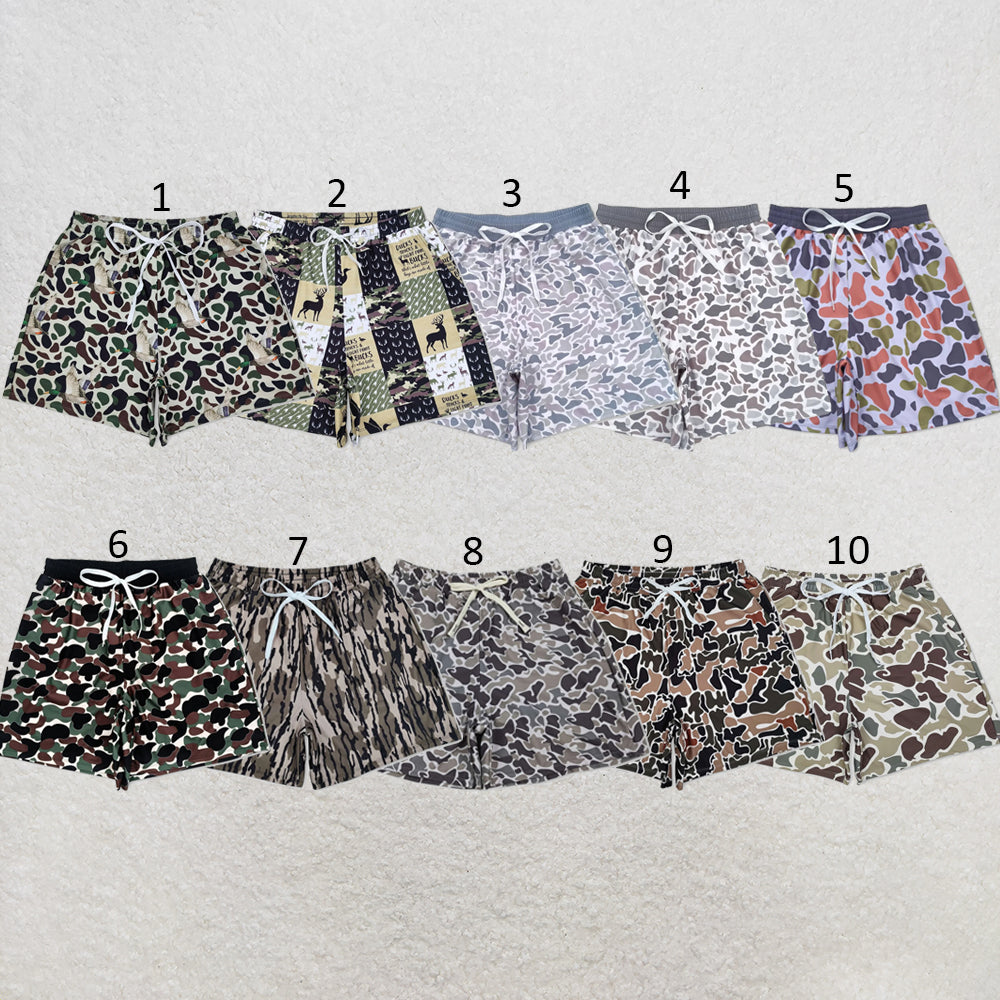 RTS NO MOQ Sibling milk silk Adult Men Camo Print Swim Trunk Shorts Summer Beach Swimwear Bottom