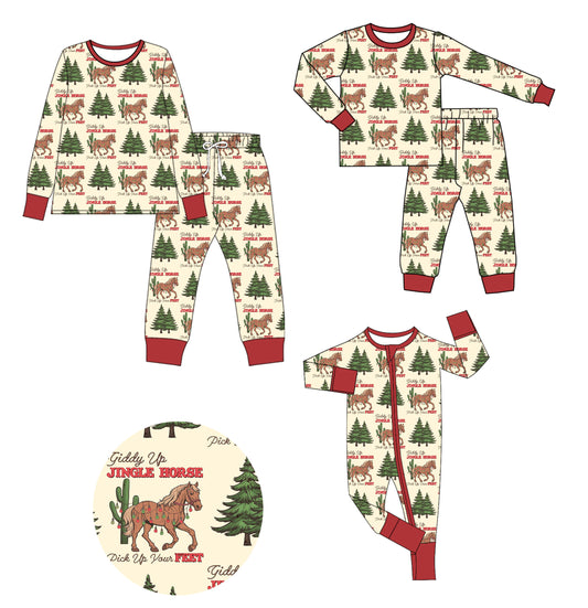 25.9.12 custom each style moq 8 eta 6-8week Sibling Sister Christmas trees horse baby long sleeve pants sets and romper and adult set match design