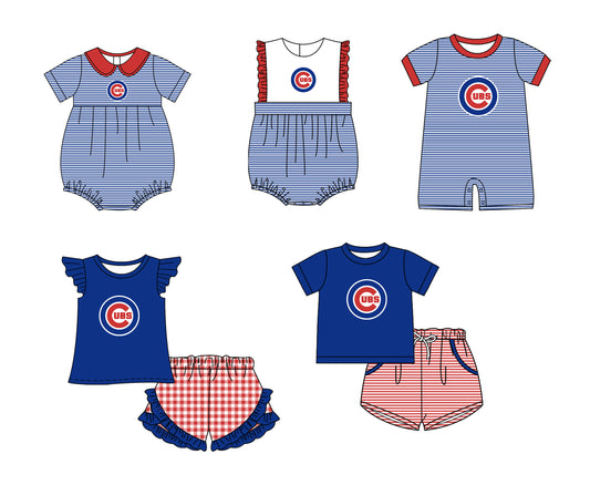 Custom moq 5 mix size milk silk summer teams Baby Boys And Girls Blue Short-Sleeved Shirt And Shorts Set Matching Striped Rompers Outfit Set
