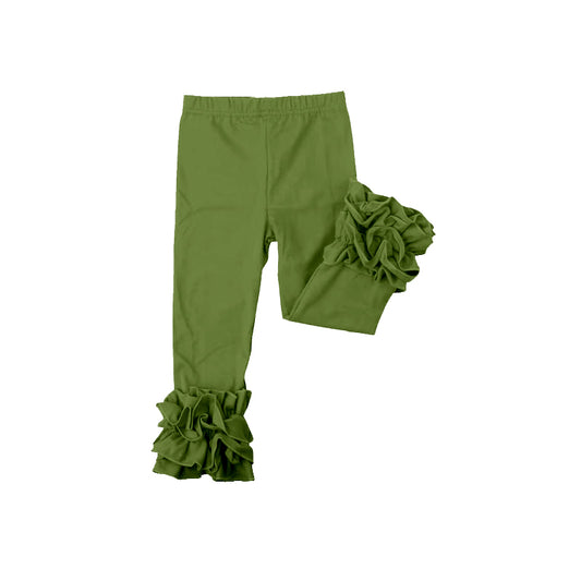 custom moq 5 girls icing cotton pants Olive green pleated ruffle-trim trousers