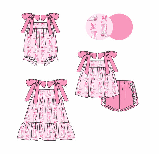 3.1 custom each style moq 5eta 4-6week Sibling Sister boots bow baby girl short sleeve shorts sets and dress and rompers match family design