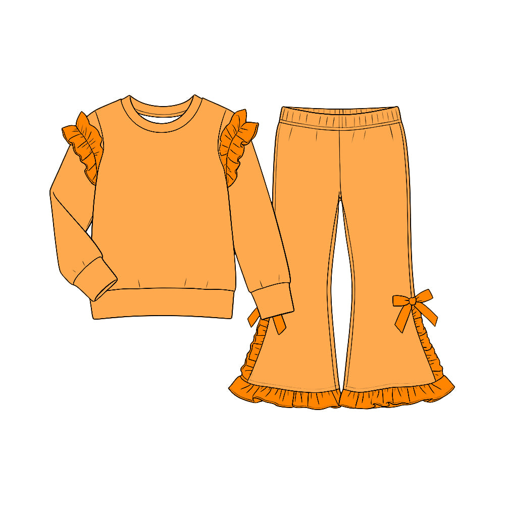 custom moq 5 mix size Baby Girls Ruffle Orange Long Sleeve Top And Flare Pant With Bows Set
