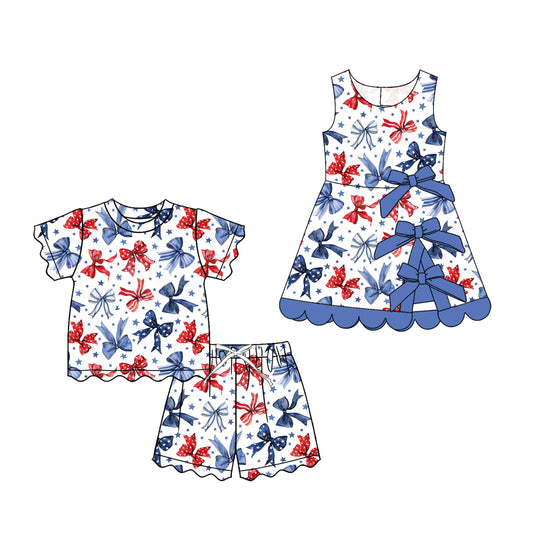 4.8  Custom moq 5 mix size Sibling Baby Girls 4th of July Bows Top And Short Scallop Clothes Sets Yoga Active Scallop Short Knee Length Dress