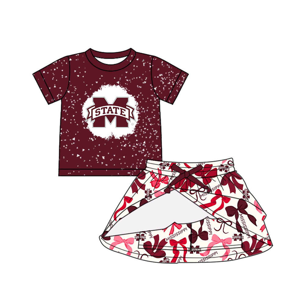 Custom moq 5 mix sizes summer teams baby girls clothes team brick red short sleeve skirts shorts sets dress 1 and dress 2 and dress 3 and dress 4-25.5.14