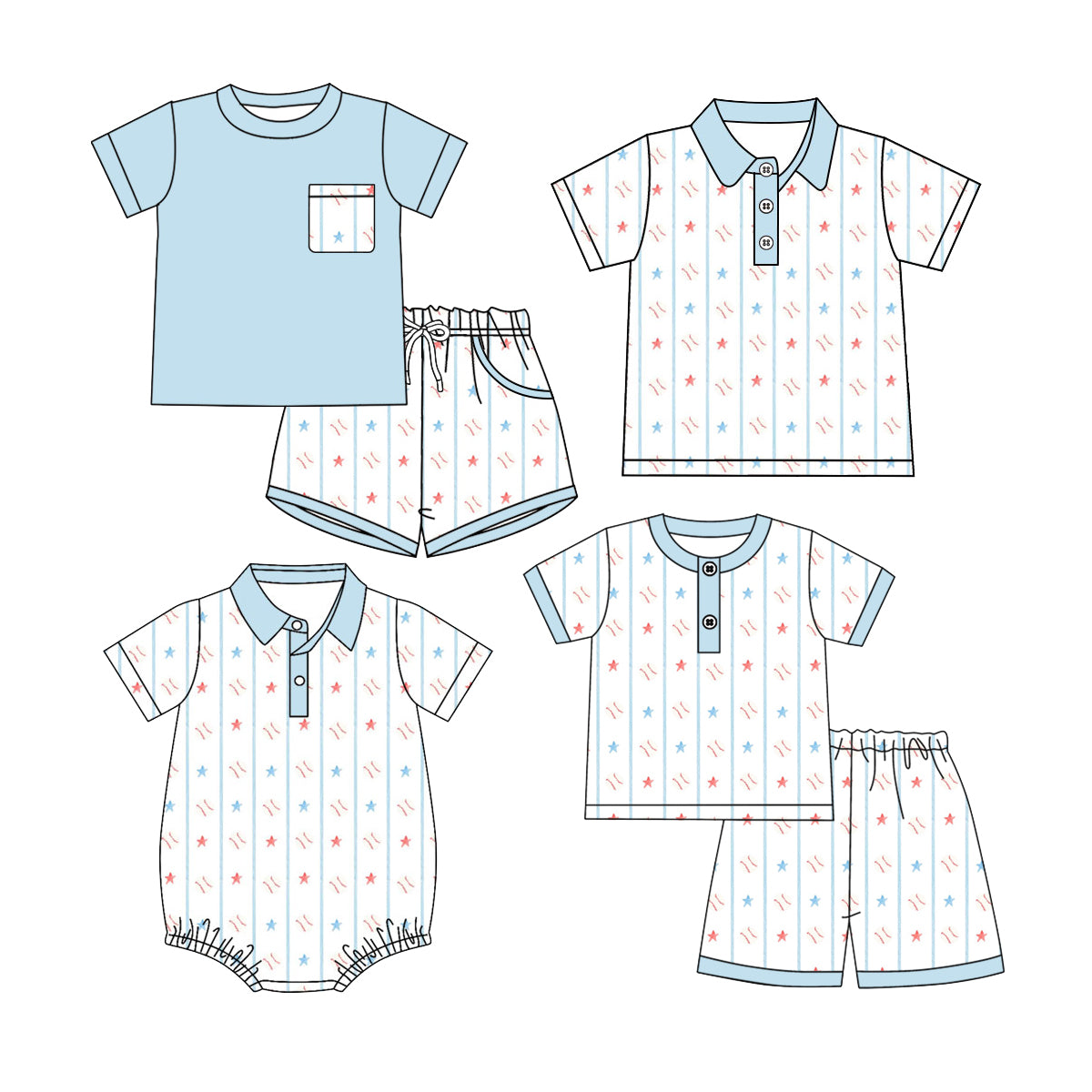 4.14 Custom moq 5 mix size Sibling Baby Boy Blue Short-Sleeved Top Shorts Set Romper And Short-Sleeved Polo Shirt